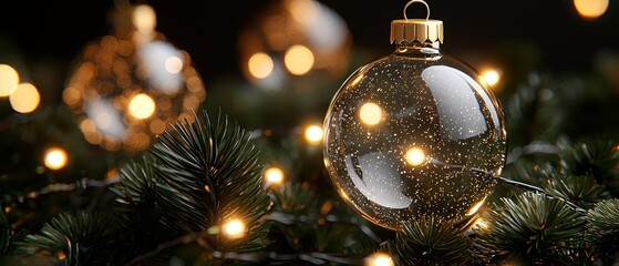 A Festive Design Featuring Pine Branches Adorned with Glass Ornaments and Twinkling Lights for Seasonal Cheer