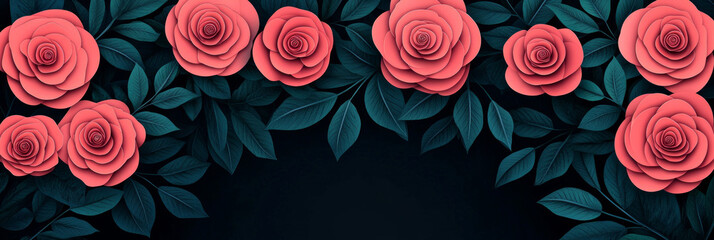 Pink roses and green leaves on a dark background.