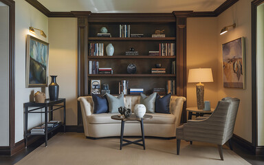 Fototapeta premium Elegant living room with cream sofa navy blue pillows and dark wood bookshelf 