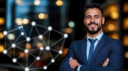 A businessman stands on a rooftop at night, gazing at floating images linked by glowing lines that connect cities across borders