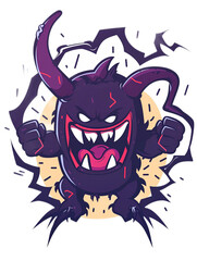 Cartoon Monster with Horns and Sharp Teeth