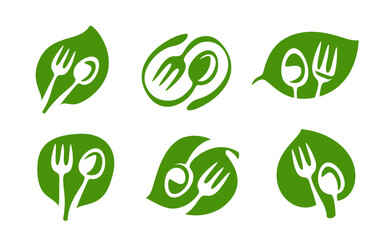 Vegan icon set. Organic and healthy food symbol sign. Leaf and fork with spoon logo emblem