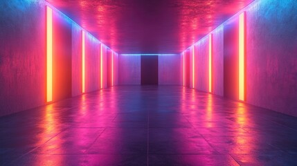 Neon Lights illuminate a Dark Concrete Hallway with a Glow of Pink and Orange