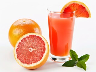 A glass of grapefruit juice with a grapefruit slice on a white background