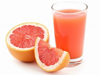A glass of grapefruit juice with a grapefruit slice on a white background