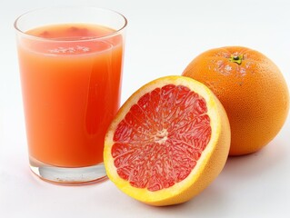 A glass of grapefruit juice with a grapefruit slice on a white background