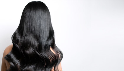 Fototapeta premium Curvy black long hair on side position provides copy space for text. background concept isolated white