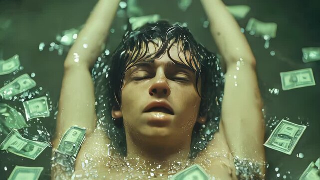 Happy man in rain of money. Rich black man with closed eyes