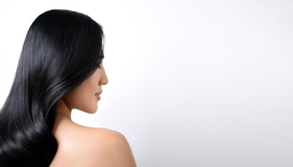 Fototapeta premium Curvy black long hair on side position provides copy space for text. background concept isolated white