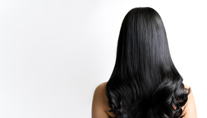 Curvy black long hair on side position provides copy space for text. background concept isolated white