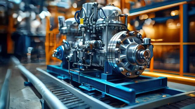 An industrial engine transparent modern high-tech centrifugal electric pump with asynchronous electric motor on a blue background with reflection