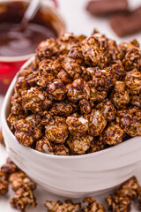 Delicious Chocolate-Coated Gourmet Popcorn in A White Bowl