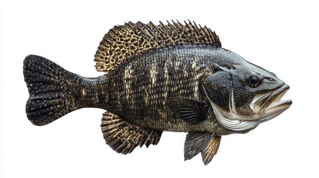 Tripletail fish displays a striking appearance with its unique shape and coloration against a clean white background. An example of marine biodiversity it exemplifies aquatic beauty.