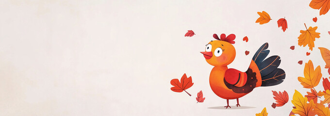 A cartoon hen watches colorful leaves fall in the autumn wind

