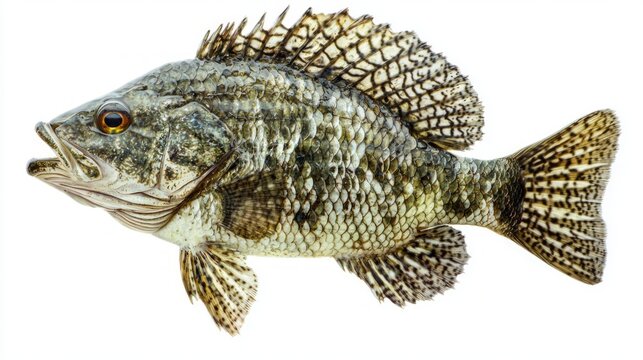 Tripletail fish known as Lobotes surinamensis is presented isolated on a white background highlighting its unique characteristics and textures in a realistic manner.