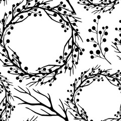 Hand painted seamless texture with wreaths of seasonal branches. Pattern with graphic painted branches and wild berries. Illustration for festive decor for Christmas, wedding, birthday.