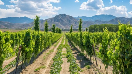 Fototapeta premium A scenic hop farm with rows of neatly trellised vines and a mountain range in the background
