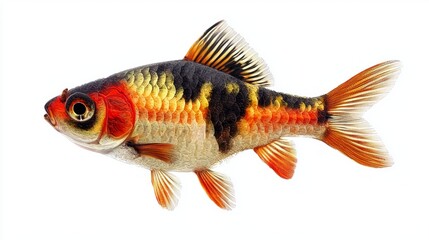 Fototapeta premium vibrant Tiger Barb swims elegantly in clear water showcasing its distinctive coloration and patterns against a bright white backdrop emphasizing its beauty.