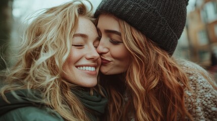 In a tender moment, one woman sweetly kisses her friend on the cheek, symbolizing close friendship and affection. The winter setting enhances their bond.