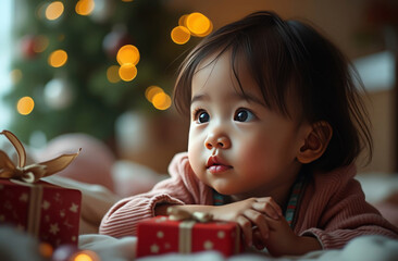 Adorable toddler amazed by Christmas gifts under a twinkling holiday tree, capturing the innocence and joy of the festive season.
