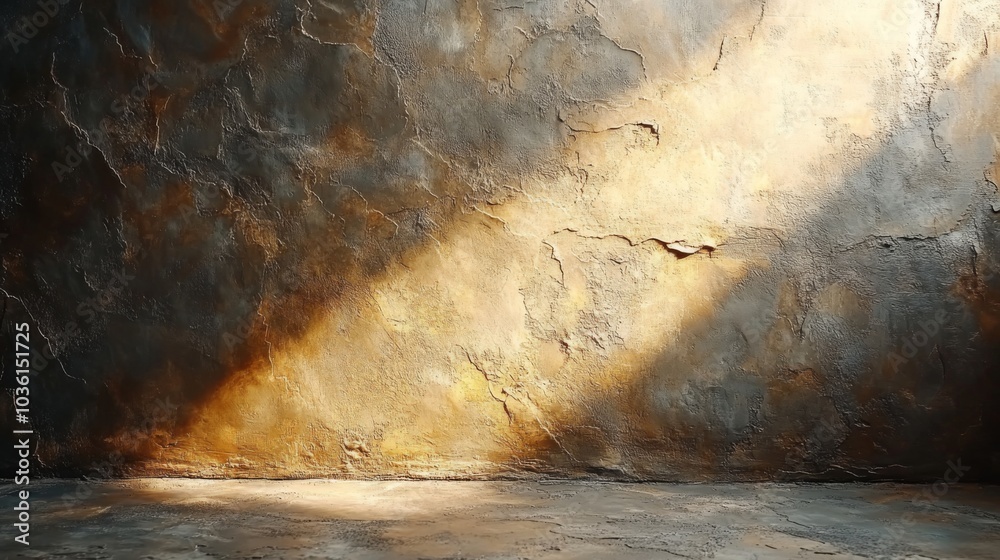 Aufkleber Sunlight streams through a gap, casting a warm beam onto a textured wall in an empty room. The subtle shadows enhance the worn and rustic atmosphere of the space.