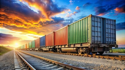 Fototapeta premium Long freight train transporting cargo containers is traveling on railroad at beautiful sunset