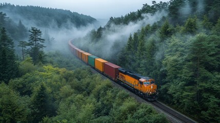 A freight train moves steadily through a lush, green forest, enveloped in a soft mist under a cloudy sky. The vibrant cargo containers add color to the tranquil landscape.