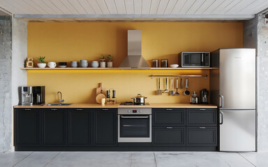 Fototapeta premium Modern kitchen design with black cabinets and yellow wall a minimalist and stylish space for cooking 