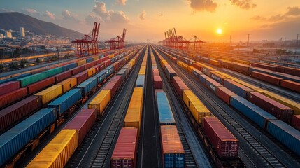 Rows of vibrant cargo containers fill a bustling shipping yard while cranes tower in the background under a stunning sunset sky.