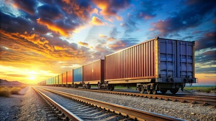 Obraz premium Long freight train transporting cargo containers is traveling on railroad at beautiful sunset