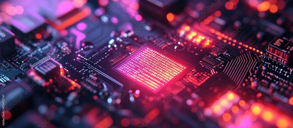 Poster close-up of a glowing red circuit board with a central processing unit.