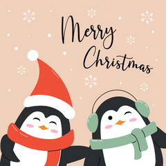  A Christmas and New Year greeting card, poster, or banner featuring cute penguins in flat style, perfect for adding a cheerful and playful touch to holiday celebrations.