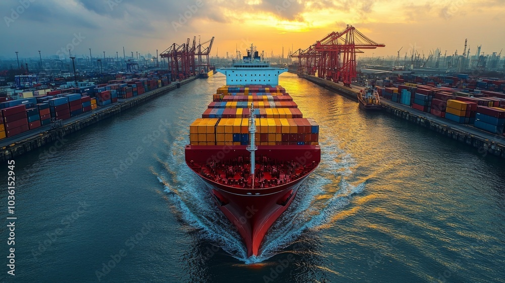 Poster A large container ship moves steadily through a bustling cargo port as the sun sets, casting a warm glow on the colorful containers and towering cranes.