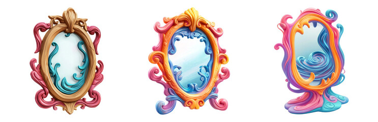 Fototapeta premium PNG Decorative Mirrors in Various Styles, 3D icons and objects collection, in cartoon style isolated on transparent background