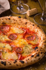 Delicious Pepperoni Pizza With Wine And Rustic Background Setting