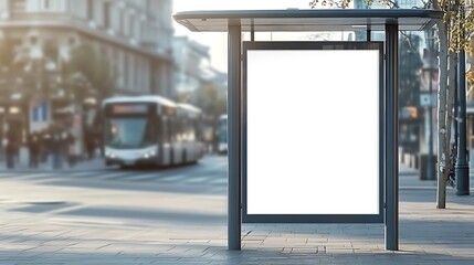 A blank white poster on a sleek bus stop shelter near a busy street corner.