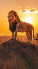 A powerful lion standing on top of a hill, gazing out over the savannah as the sun sets behind it