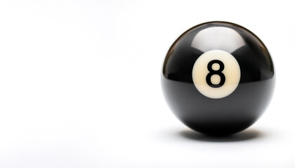 number 8 eight ball, the black ball, used in pool billiard games on side position provides copy space for text. background concept isolated white