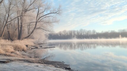 Fototapeta premium Early in the morning, the peaceful lakeside is blanketed in frost. Mist rises from the water, contrasting with bare trees and soft blue skies, creating a serene winter setting.