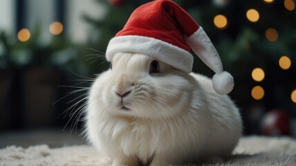 A white rabbit wearing a Santa hat sits in front of a Christmas tree.