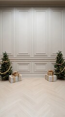 Fototapeta premium A stunning luxury staircase showcases tasteful garland and beautifully wrapped gift boxes in a classic, refined interior space