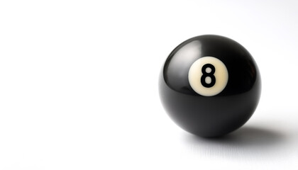 number 8 eight ball, the black ball, used in pool billiard games on side position provides copy space for text. background concept isolated white