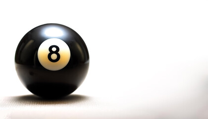 number 8 eight ball, the black ball, used in pool billiard games on side position provides copy space for text. background concept isolated white