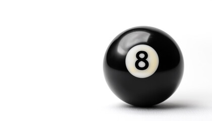 number 8 eight ball, the black ball, used in pool billiard games on side position provides copy space for text. background concept isolated white