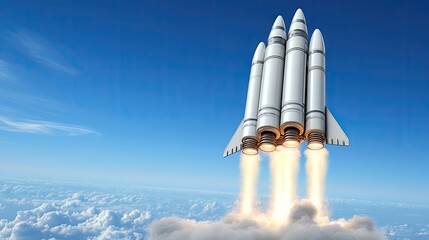 Two missile rockets ascend simultaneously through the sky, leaving trails of smoke and clouds against a bright blue backdrop