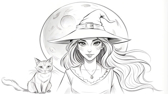 Elegant witch with long hair and cat against full moon in line art illustration
