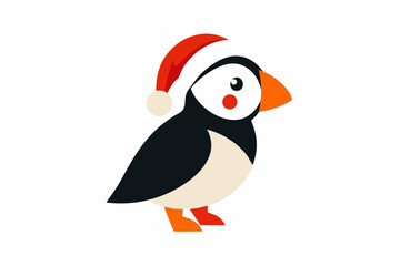 Puffin   with Santa Claus hats isolatedon white,vector new year elements for christmas design