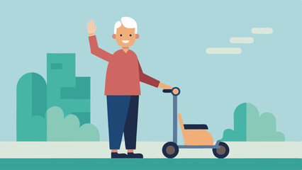 Using a Scoot Chair A senior maneuvering a mobility scooter down a paved pathway happily waving to a friend passing by.