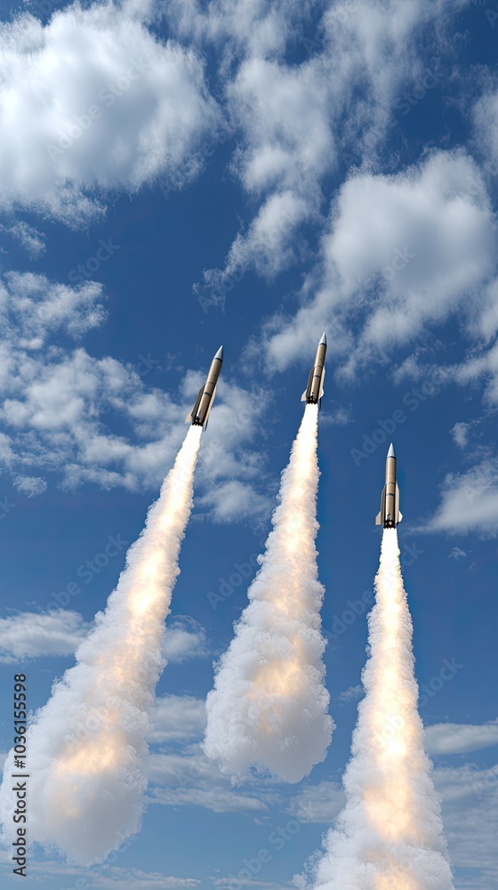 Wall mural two missile rockets ascend simultaneously through the sky, leaving trails of smoke and clouds agains