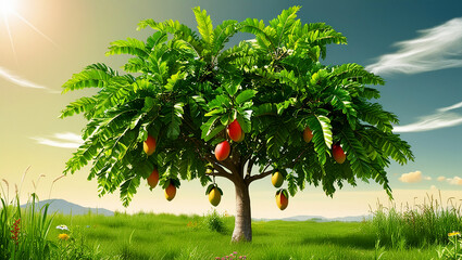green apple tree on the field with nature 